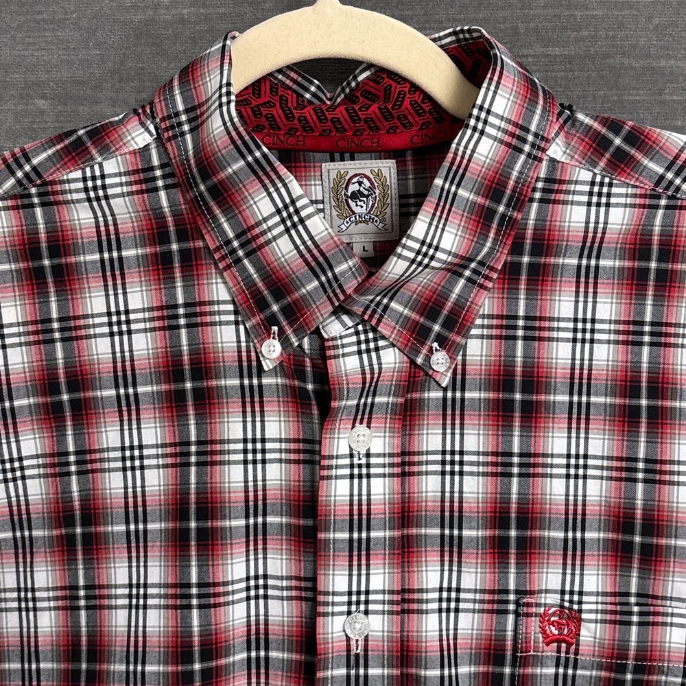 Cinch Shirt L Red Plaid Cotton Button Down Ranch Cowboy Riding Casual Classic
